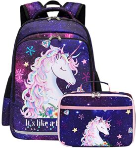 girls backpack for kids preschool backpack with lunch box for kindergarten elementary students (galaxy-purple)