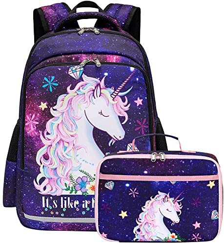 Girls Backpack for Kids Preschool Backpack with Lunch Box for Kindergarten Elementary Students (Galaxy-Purple)