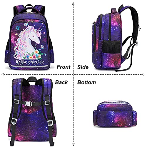 Girls Backpack for Kids Preschool Backpack with Lunch Box for Kindergarten Elementary Students (Galaxy-Purple)