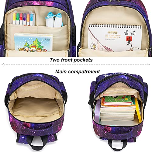 Girls Backpack for Kids Preschool Backpack with Lunch Box for Kindergarten Elementary Students (Galaxy-Purple)