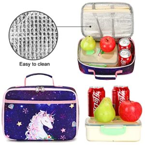 Girls Backpack for Kids Preschool Backpack with Lunch Box for Kindergarten Elementary Students (Galaxy-Purple)
