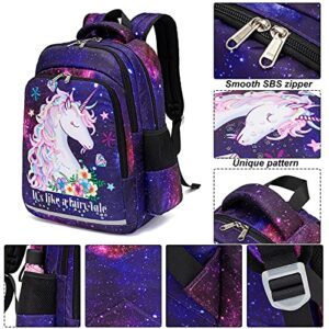 Girls Backpack for Kids Preschool Backpack with Lunch Box for Kindergarten Elementary Students (Galaxy-Purple)