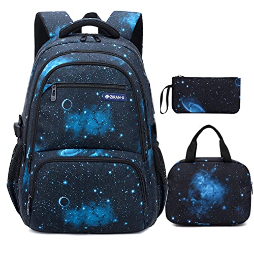 3Pcs Boys Girls Galaxy Print School Backpack Elementary Middle High Students Waterproof Bookbag with Lunch Bag Pencil Case