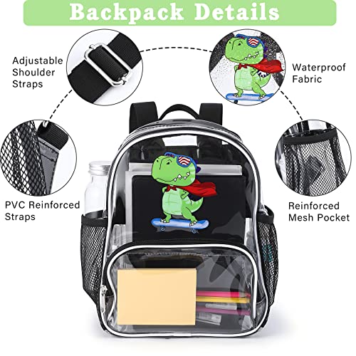 Clearlove Clear Backpack Heavy Duty Kids Backpack with Dinosaur Print Use Piping Design Suitable for Schools,Stadiums, Beaches and Other Living Places(A4 size books are not supported)