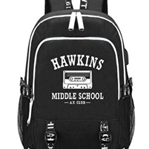 jupkem Hawkins Middle School AV Club College USB Charging Backpack Laptop Bag Travel Bookbag Daypack (balck)