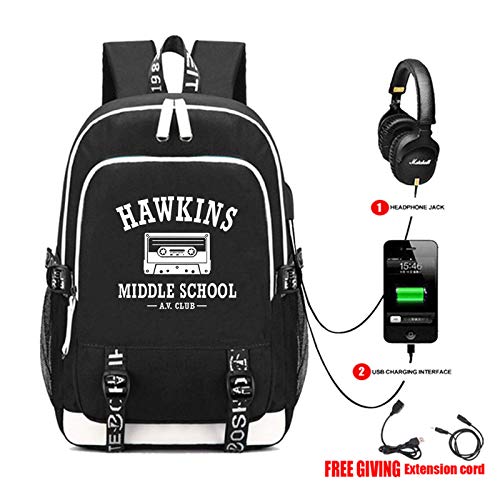 jupkem Hawkins Middle School AV Club College USB Charging Backpack Laptop Bag Travel Bookbag Daypack (balck)