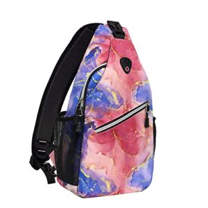 mosiso sling backpack, multipurpose travel hiking daypack rope crossbody shoulder bag, pink blue gold marble