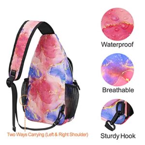 MOSISO Sling Backpack, Multipurpose Travel Hiking Daypack Rope Crossbody Shoulder Bag, Pink Blue Gold Marble