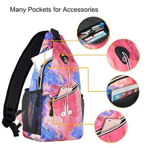 MOSISO Sling Backpack, Multipurpose Travel Hiking Daypack Rope Crossbody Shoulder Bag, Pink Blue Gold Marble