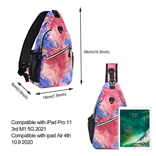 MOSISO Sling Backpack, Multipurpose Travel Hiking Daypack Rope Crossbody Shoulder Bag, Pink Blue Gold Marble