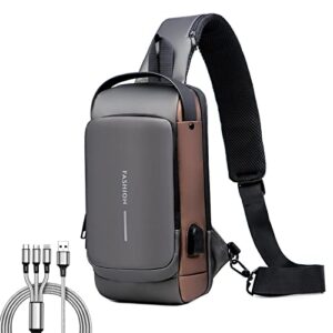 anti theft sling bag, usb charging sport sling anti-theft shoulder backpack, waterproof crossbody bags (gray brown)