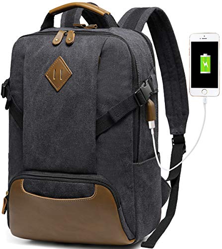 Kasqo Laptop Backpack 15.6 Inch Canvas Waterproof Anti Theft Business Travel College School Computer Bookbag Carry on Bag with USB Charging Port for Women Men, Black