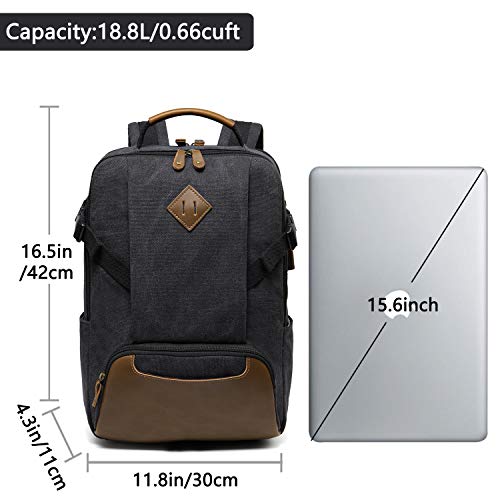 Kasqo Laptop Backpack 15.6 Inch Canvas Waterproof Anti Theft Business Travel College School Computer Bookbag Carry on Bag with USB Charging Port for Women Men, Black