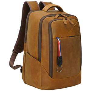 masa kawa vintage leather 15.6″ laptop backpack for men large college school bag bookbag business work travel rucksack casual hiking camping daypack, light brown