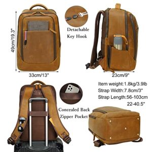 Masa Kawa Vintage Leather 15.6" Laptop Backpack for Men Large College School Bag Bookbag Business Work Travel Rucksack Casual Hiking Camping Daypack, Light Brown