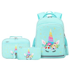 soekidy unicorn backpack for girls kids backpacks toddler bookbags with lunch box pencil bag 3 in 1 sets school bags for age 3+ (green unicorn)
