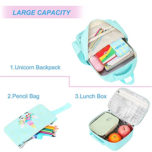 Soekidy Unicorn Backpack for Girls Kids Backpacks Toddler Bookbags with Lunch Box Pencil Bag 3 in 1 Sets School Bags for Age 3+ (Green Unicorn)