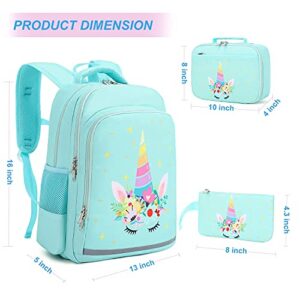 Soekidy Unicorn Backpack for Girls Kids Backpacks Toddler Bookbags with Lunch Box Pencil Bag 3 in 1 Sets School Bags for Age 3+ (Green Unicorn)