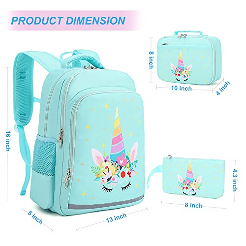 Soekidy Unicorn Backpack for Girls Kids Backpacks Toddler Bookbags with Lunch Box Pencil Bag 3 in 1 Sets School Bags for Age 3+ (Green Unicorn)