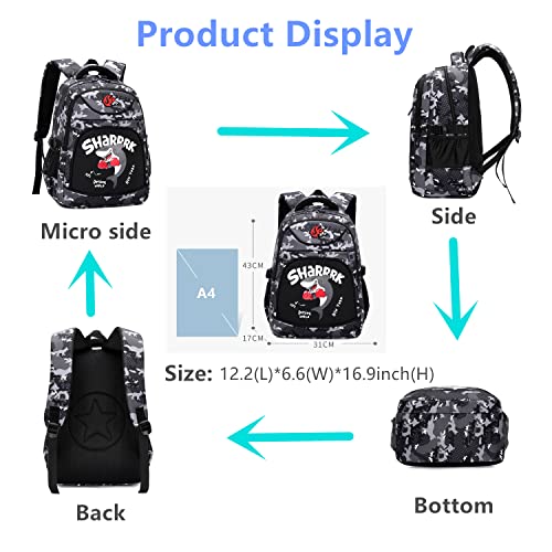 Shark Backpack for Boys, Camo Bookbags for Boys, Boys Backpacks for Kids Elementary