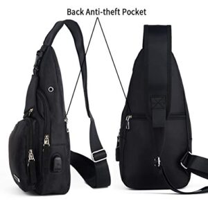 Suyzufly Crossbody Sling Backpack for Men Women Anti Theft Multipurpose Chest Shoulder Bag with USB Charging Port Black