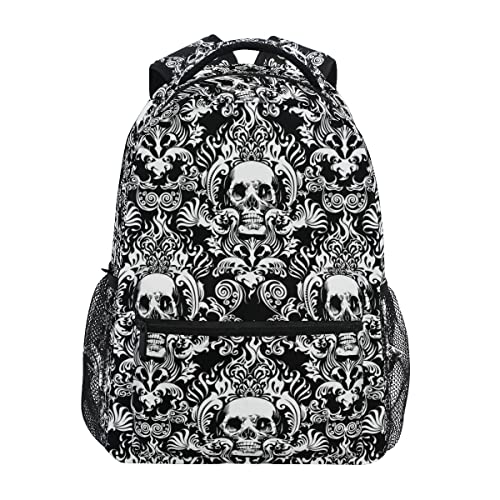 Black Skull Backpack Vintage Floral Casual School Bag Lightweight Zipper Laptop Bookbag Hiking Shoulder Daypack for Women Men