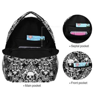 Black Skull Backpack Vintage Floral Casual School Bag Lightweight Zipper Laptop Bookbag Hiking Shoulder Daypack for Women Men