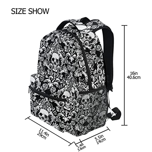 Black Skull Backpack Vintage Floral Casual School Bag Lightweight Zipper Laptop Bookbag Hiking Shoulder Daypack for Women Men