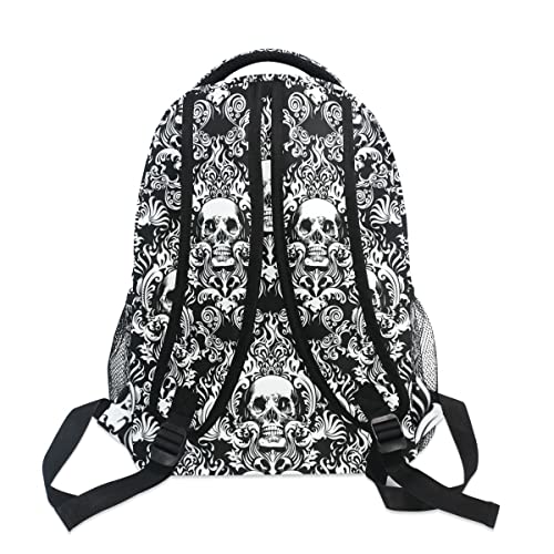 Black Skull Backpack Vintage Floral Casual School Bag Lightweight Zipper Laptop Bookbag Hiking Shoulder Daypack for Women Men