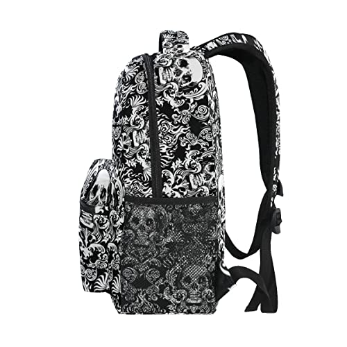 Black Skull Backpack Vintage Floral Casual School Bag Lightweight Zipper Laptop Bookbag Hiking Shoulder Daypack for Women Men