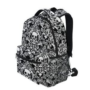 Black Skull Backpack Vintage Floral Casual School Bag Lightweight Zipper Laptop Bookbag Hiking Shoulder Daypack for Women Men