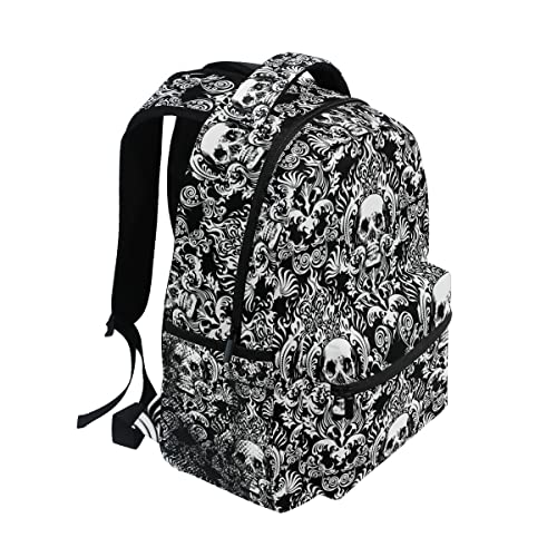 Black Skull Backpack Vintage Floral Casual School Bag Lightweight Zipper Laptop Bookbag Hiking Shoulder Daypack for Women Men