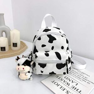 TENDYCOCO Cow Backpack with Plush Cow Pendant Canvas Cow Print Backpack Cow Print stuff Cow Gifts for Women Mini Backpack for Women