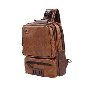 men’s sling bag, crossbody pu leather shoulder backpack with usb charging port, vintage chest bag for men(brown)