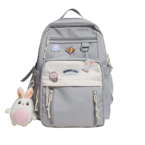 HIQUAY High School Backpack for Teens Large Capacity Backpack with Mesh Pocket and Cute Pendant for College Students - Grey