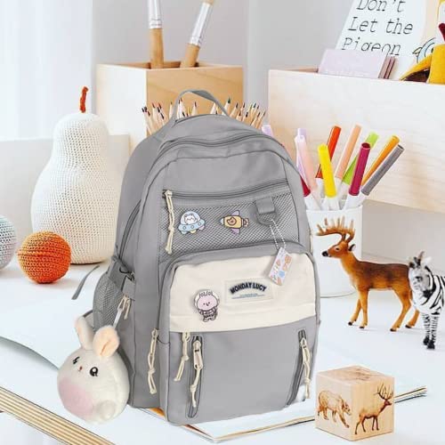 HIQUAY High School Backpack for Teens Large Capacity Backpack with Mesh Pocket and Cute Pendant for College Students - Grey