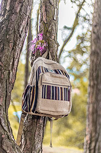 Fwosi Hippie Backpacks - Unisex Hemp Bookbag for School, Day Hiking & Travel - Lightweight, Multi-Pocket, 5 Compartments for Books, Purse, Wallet, Everyday Accessories - Handmade Crafts from Nepal