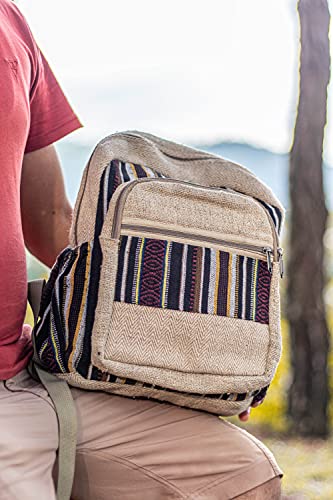 Fwosi Hippie Backpacks - Unisex Hemp Bookbag for School, Day Hiking & Travel - Lightweight, Multi-Pocket, 5 Compartments for Books, Purse, Wallet, Everyday Accessories - Handmade Crafts from Nepal