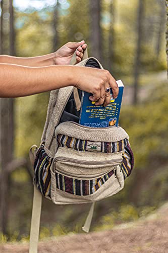 Fwosi Hippie Backpacks - Unisex Hemp Bookbag for School, Day Hiking & Travel - Lightweight, Multi-Pocket, 5 Compartments for Books, Purse, Wallet, Everyday Accessories - Handmade Crafts from Nepal