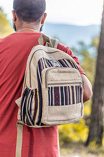 Fwosi Hippie Backpacks - Unisex Hemp Bookbag for School, Day Hiking & Travel - Lightweight, Multi-Pocket, 5 Compartments for Books, Purse, Wallet, Everyday Accessories - Handmade Crafts from Nepal