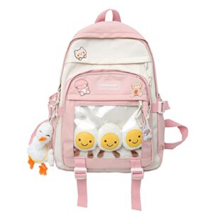 kawaii girls backpack with pins and accessories cute kids aesthetic backpack teen bookbags casual school bag with plush pendant