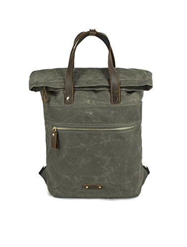 Waxed Canvas Backpack Roll Top Big Rucksack Unisex Casual Daypack for College Travel Hipsters Women Men (Army Green)