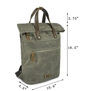 Waxed Canvas Backpack Roll Top Big Rucksack Unisex Casual Daypack for College Travel Hipsters Women Men (Army Green)