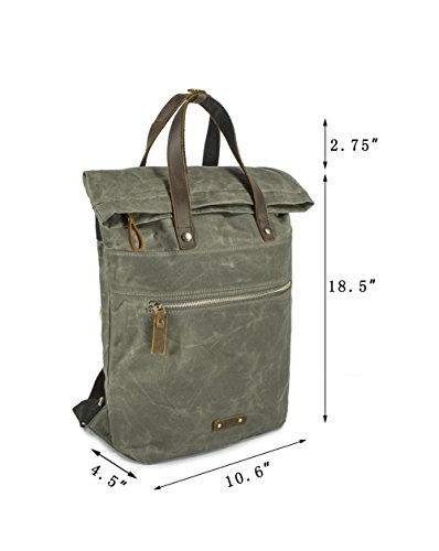Waxed Canvas Backpack Roll Top Big Rucksack Unisex Casual Daypack for College Travel Hipsters Women Men (Army Green)