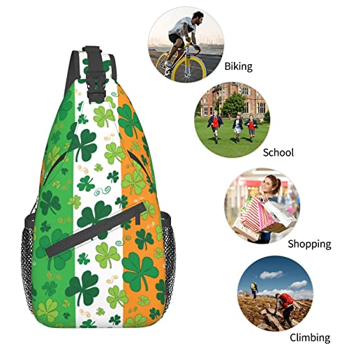 JSHXJBWR St. Patrick'S Day Shamrocks On Irish Flag Sling Bag For Women Men, Fashion St Patricks Green Clover Leaves Crossbody Bags Travel Hiking Runner Backpack Casual Shoulder Daypack Chest Bag