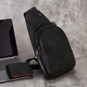 Men's Small Leather Sling Bags Water Resistant Travel Chest Shoulder Crossbody Bag with USB Black