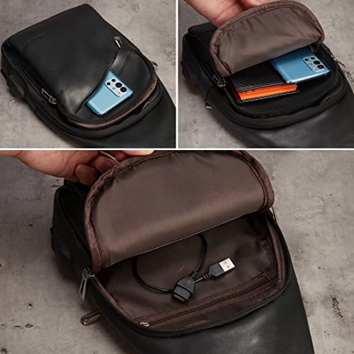 Men's Small Leather Sling Bags Water Resistant Travel Chest Shoulder Crossbody Bag with USB Black