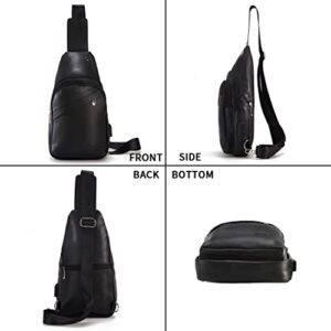 Men's Small Leather Sling Bags Water Resistant Travel Chest Shoulder Crossbody Bag with USB Black