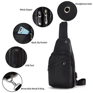 Men's Small Leather Sling Bags Water Resistant Travel Chest Shoulder Crossbody Bag with USB Black