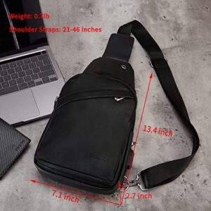 Men's Small Leather Sling Bags Water Resistant Travel Chest Shoulder Crossbody Bag with USB Black